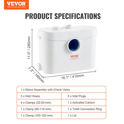 Macerator Avfallspump Källare Macerator Pump 700W, 9600l/h Flöde, 10M Utloppshuvud 99% Effektivt antimikrobiellt medel med 3 vatteninlopp för toalett, källare, kök, diskbänk, badkar, avloppshantering, diskmaskin