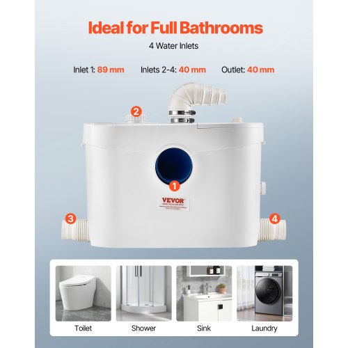 Zerhackerpumpe, 900 W, 48 GPM Durchfluss, 40 Fuß Hubhöhe für Toilette/Kellerspüle | EU