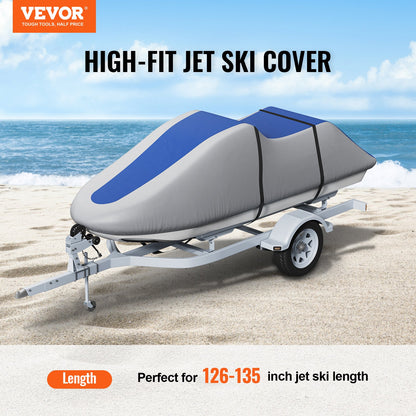 Jet Ski Cover, 3200-3420 mm Towable Waterproof PWC Cover, Heavy Duty 600D Marine PU Oxford Fabric, UV Resistant Seadoo Cover with Straps, Protection for Jet Ski, Gray+Blue