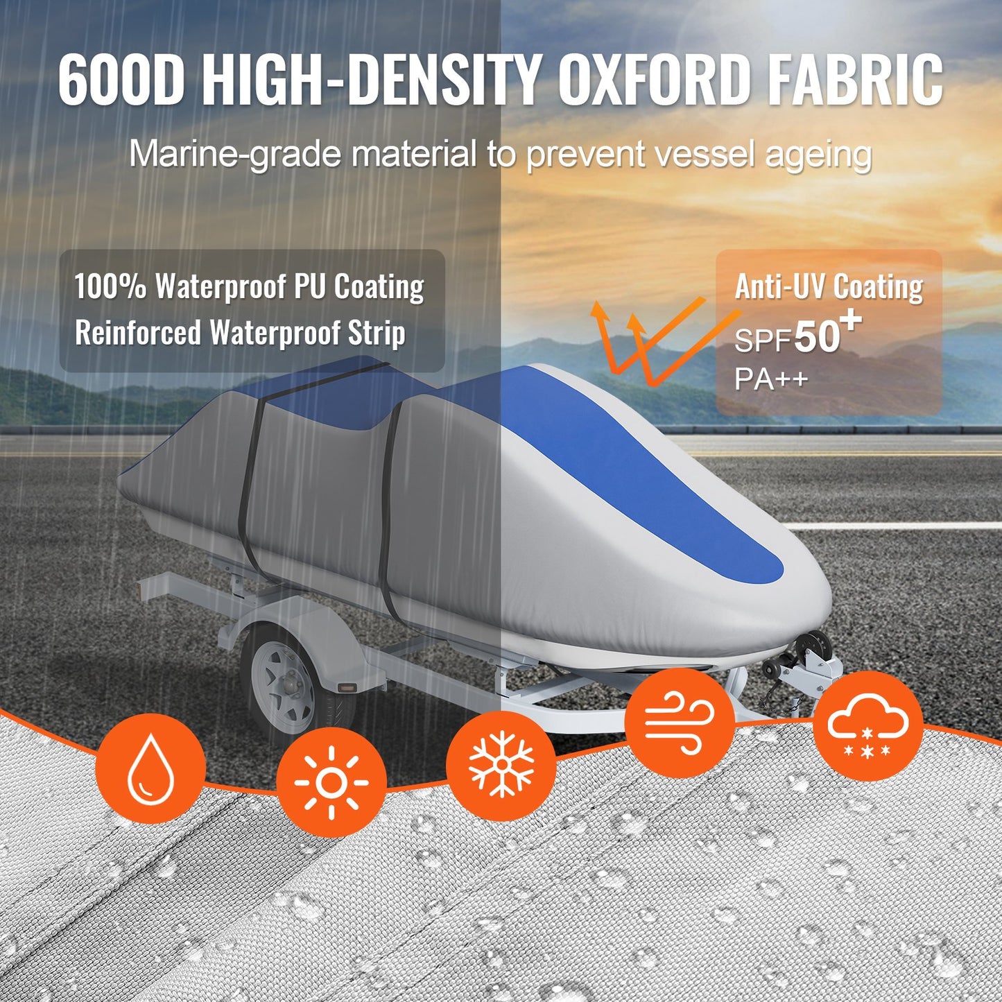 Jet Ski Cover, 3200-3420 mm Towable Waterproof PWC Cover, Heavy Duty 600D Marine PU Oxford Fabric, UV Resistant Seadoo Cover with Straps, Protection for Jet Ski, Gray+Blue