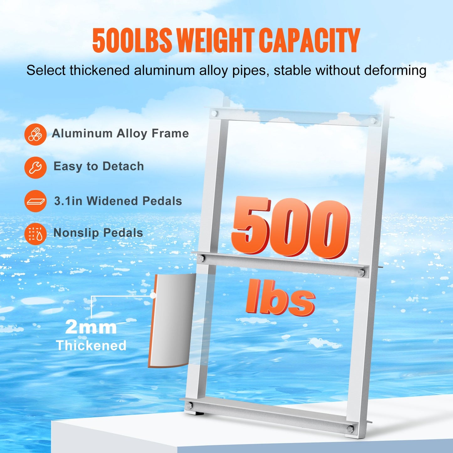 Dockstege, löstagbar 5 steg, 500 lbs lastkapacitet, pontonbåtstege av aluminiumlegering med 3,1 tum bred steg & halkfri gummimatta, lätt att installera för båt/sjö/pool/marin ombordstigning