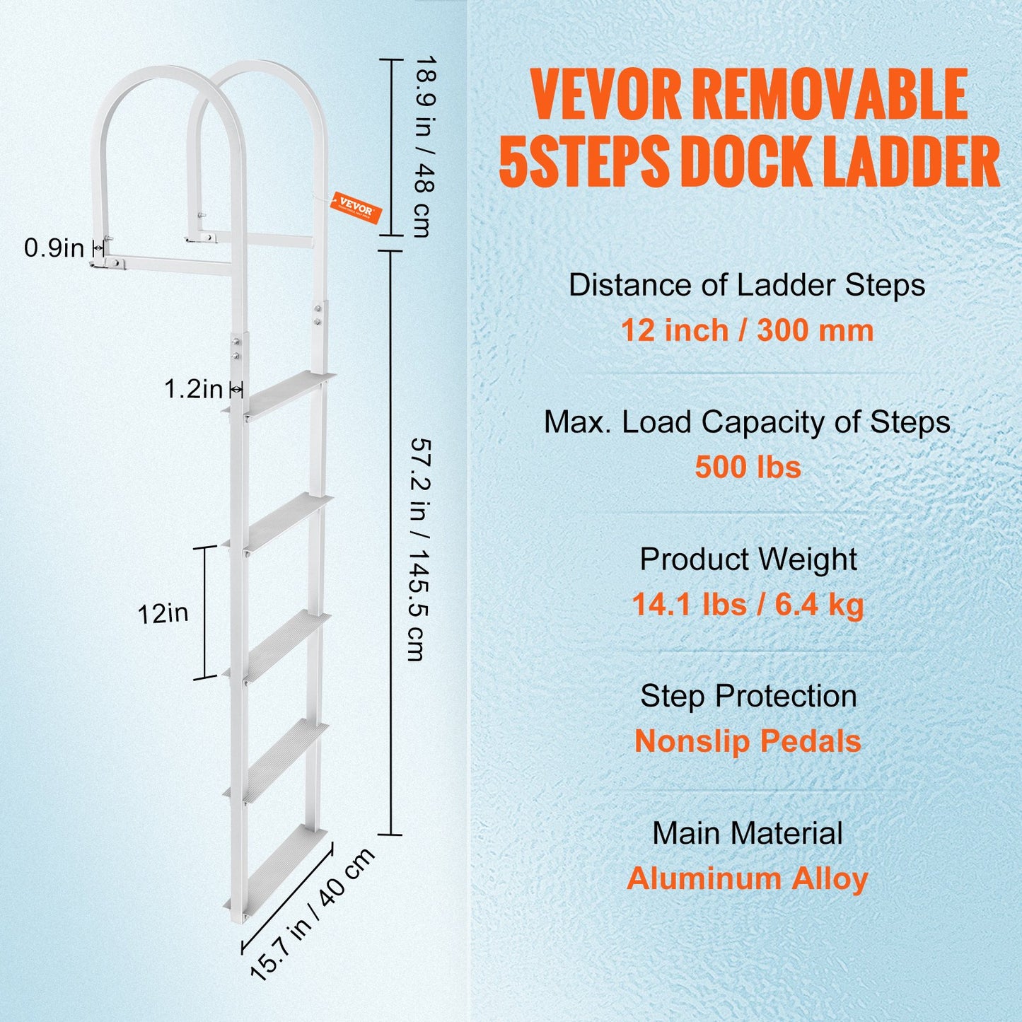 Dockstege, löstagbar 5 steg, 500 lbs lastkapacitet, pontonbåtstege av aluminiumlegering med 3,1 tum bred steg & halkfri gummimatta, lätt att installera för båt/sjö/pool/marin ombordstigning