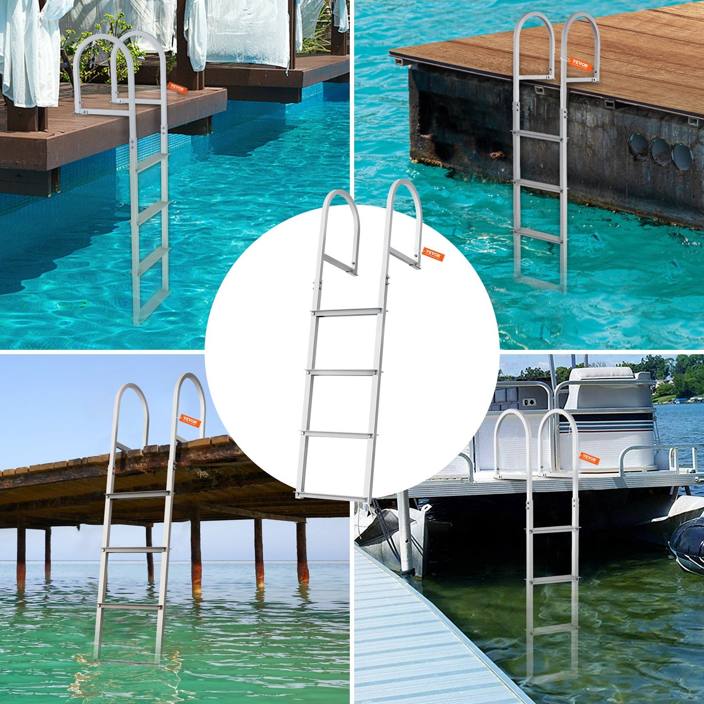 Dockleiter, abnehmbare 4 Stufen, 227 kg Tragkraft, Ponton-Bootsleiter aus Aluminiumlegierung mit 8 cm breiten Stufen und rutschfester Gummimatte, einfach zu installieren für das Einsteigen in Boote/Seen/Pools/Meere