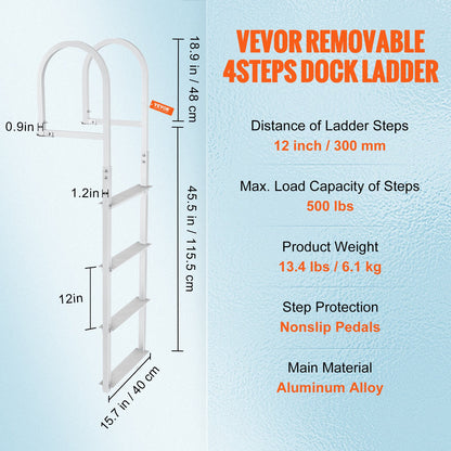 Dockleiter, abnehmbare 4 Stufen, 227 kg Tragkraft, Ponton-Bootsleiter aus Aluminiumlegierung mit 8 cm breiten Stufen und rutschfester Gummimatte, einfach zu installieren für das Einsteigen in Boote/Seen/Pools/Meere