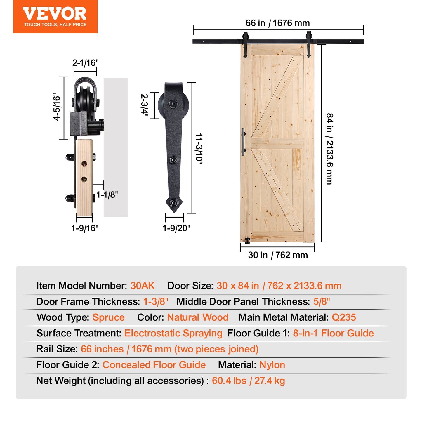 Scheunentor und Hardware-Kit 30" x 84" Holz-Schiebetür-Kit glatt