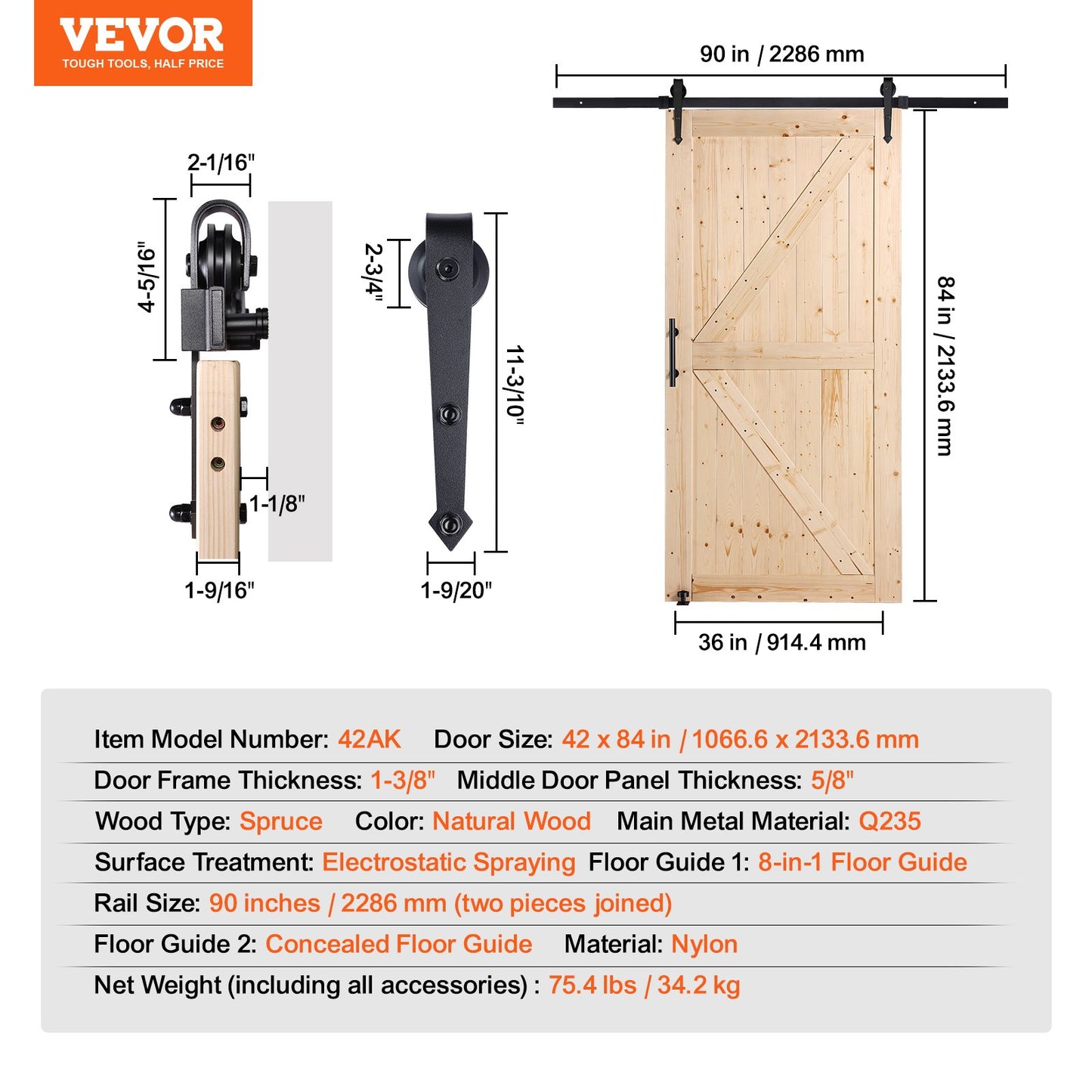 Scheunentor und Hardware-Kit 30" x 42" Holz-Schiebetür-Kit glatt