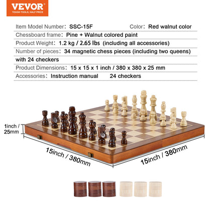 Magnetic Wooden Chess Set, 15 Inch 2-In-1 Chess Game Set, Foldable Chess Board Games for Adults Kids, 2 Queens Portable Chess Set for Travel Gifts for Professional Beginner Tournaments