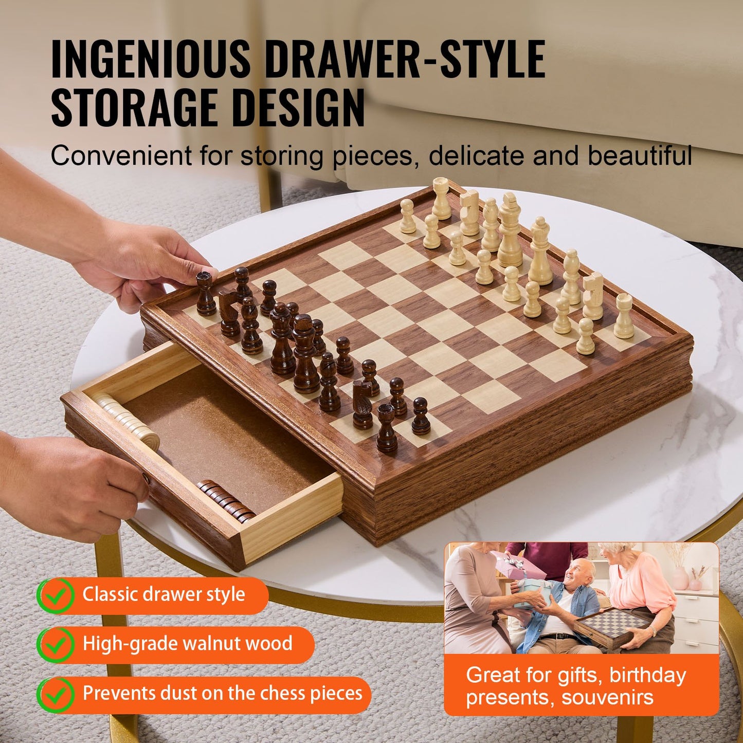 Solid Wood Chess Set, 15 Inch 2-In-1 Chess Checkers Game Set, Chess Board Game with Storage Box and Weighted Chess Pieces &amp; 2 Queens, for Adults, Kids Tournament Professional Beginner