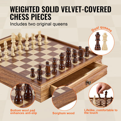 Solid Wood Chess Set, 15 Inch 2-In-1 Chess Checkers Game Set, Chess Board Game with Storage Box and Weighted Chess Pieces &amp; 2 Queens, for Adults, Kids Tournament Professional Beginner