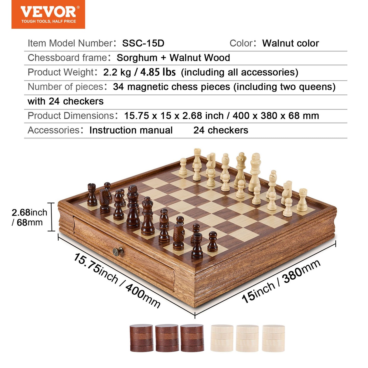 Solid Wood Chess Set, 15 Inch 2-In-1 Chess Checkers Game Set, Chess Board Game with Storage Box and Weighted Chess Pieces &amp; 2 Queens, for Adults, Kids Tournament Professional Beginner
