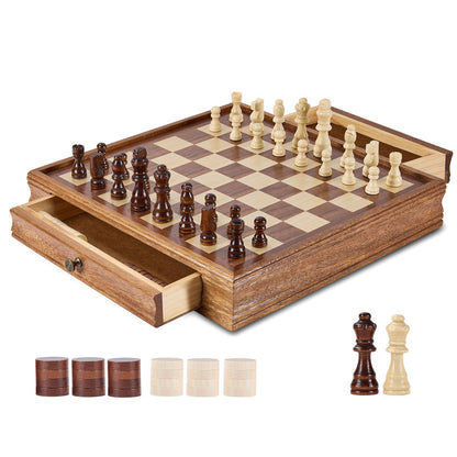 Solid Wood Chess Set, 15 Inch 2-In-1 Chess Checkers Game Set, Chess Board Game with Storage Box and Weighted Chess Pieces &amp; 2 Queens, for Adults, Kids Tournament Professional Beginner