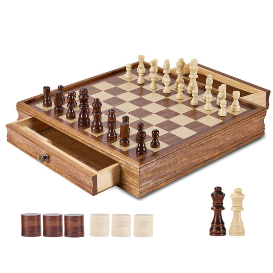 Solid Wood Chess Set, 15 Inch 2-In-1 Chess Checkers Game Set, Chess Board Game with Storage Box and Weighted Chess Pieces &amp; 2 Queens, for Adults, Kids Tournament Professional Beginner