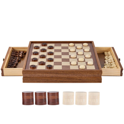 Solid Wood Chess Set, 15 Inch 2-In-1 Chess Checkers Game Set, Chess Board Game with Storage Box and Weighted Chess Pieces &amp; 2 Queens, for Adults, Kids Tournament Professional Beginner