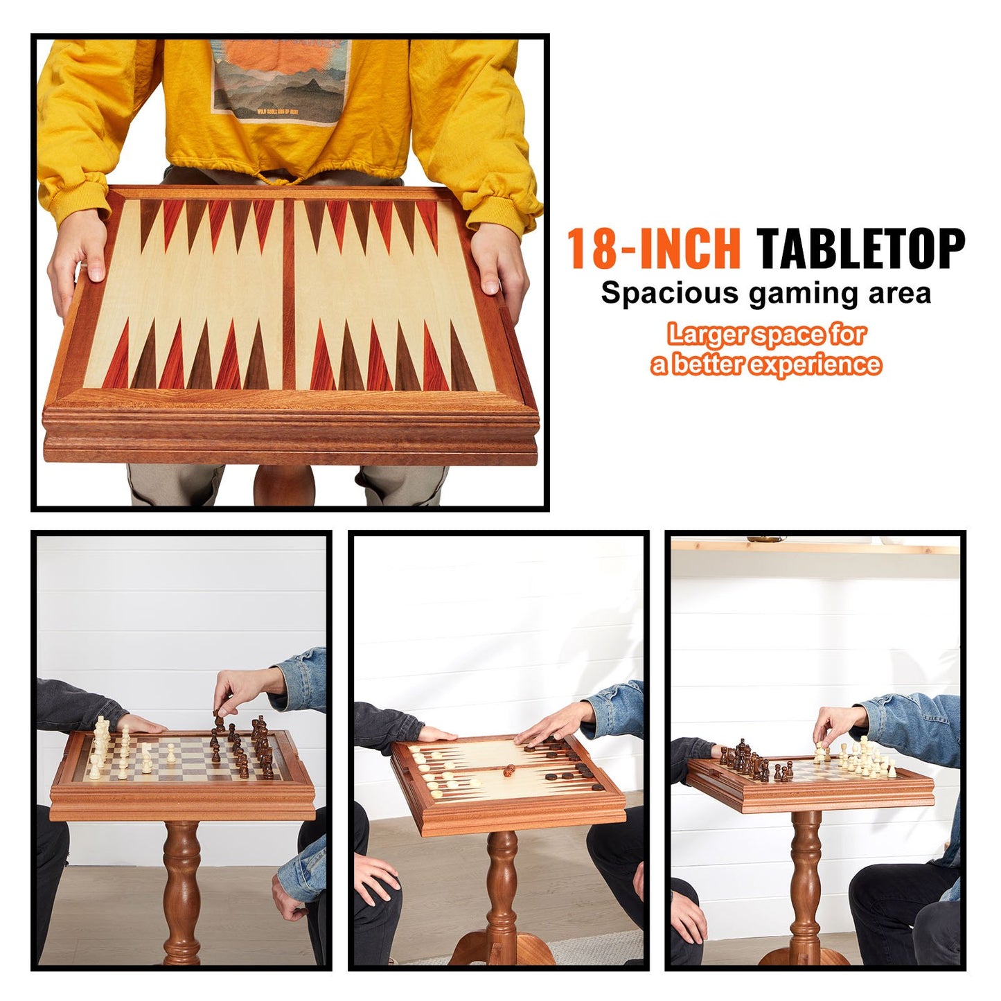 3-I-1 schackdam backgammon bordsset, 18 tums premium schackbord i trä, Deluxe kombinationsspelbordsmöbler set, schackset brädspelspresent till familjens brädspel