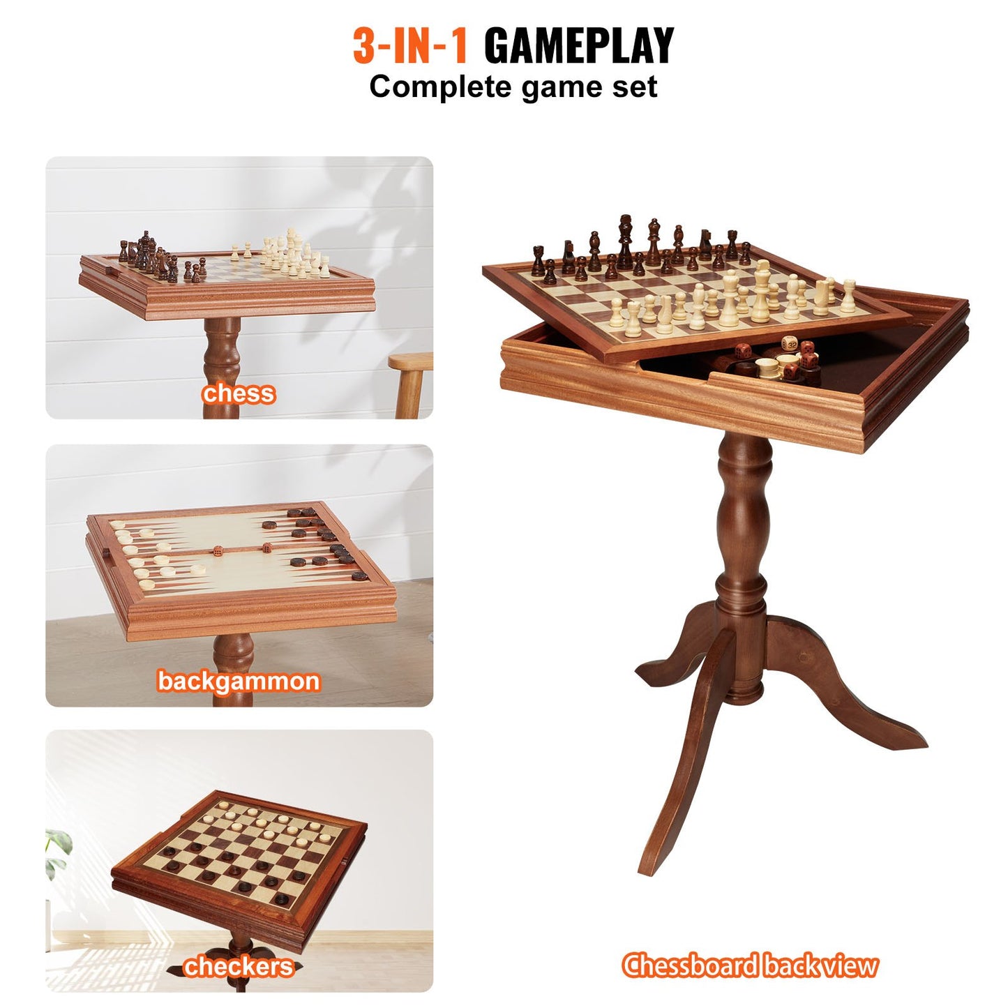 3-I-1 schackdam backgammon bordsset, 18 tums premium schackbord i trä, Deluxe kombinationsspelbordsmöbler set, schackset brädspelspresent till familjens brädspel