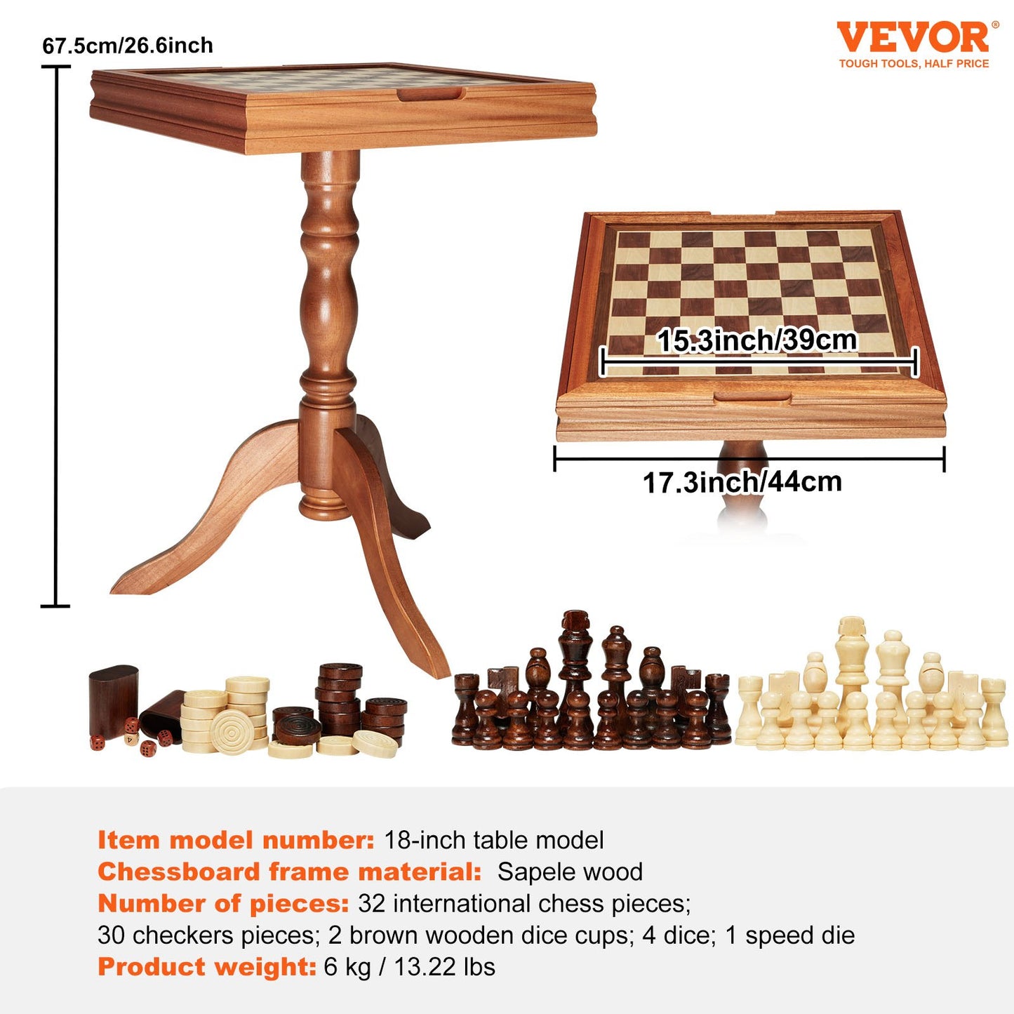 3-I-1 schackdam backgammon bordsset, 18 tums premium schackbord i trä, Deluxe kombinationsspelbordsmöbler set, schackset brädspelspresent till familjens brädspel