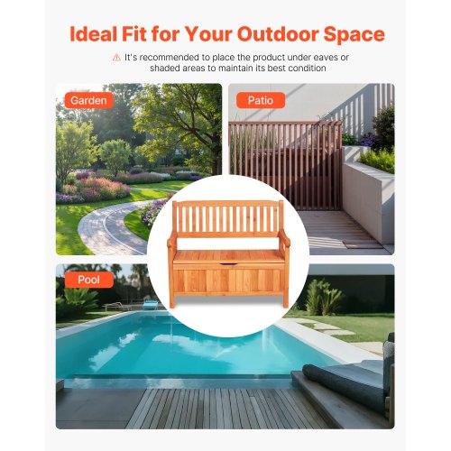 Wooden bench for 2 people, Waterproof wooden storage box, 137 liter veranda | EU