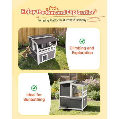 Isolerat Katthus, 2-vånings Träkattskydd, Skumisolering, Vilda Katter med Balkong, Vattentäta Kattlägenheter för inomhus och utomhus 1-3 Katter på Vintern 84 × 75 × 82 cm |  EU