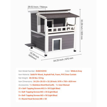 Isolerat Katthus, 2-vånings Träkattskydd, Skumisolering, Vilda Katter med Balkong, Vattentäta Kattlägenheter för inomhus och utomhus 1-3 Katter på Vintern 84 × 75 × 82 cm |  EU