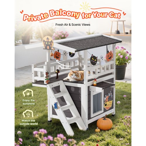 Utomhuskatthus, 2 våningar i trä med trappor och balkong, förhöjt katthus, rymligt rum, vattentäta kattlägenheter för inomhus- och utomhuskatter på vintern 76 x 56 x 77 cm |  EU