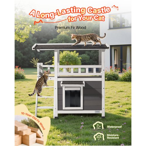 Utomhuskatthus, 2 våningar i trä med trappor och balkong, förhöjt katthus, rymligt rum, vattentäta kattlägenheter för inomhus- och utomhuskatter på vintern 76 x 56 x 77 cm |  EU