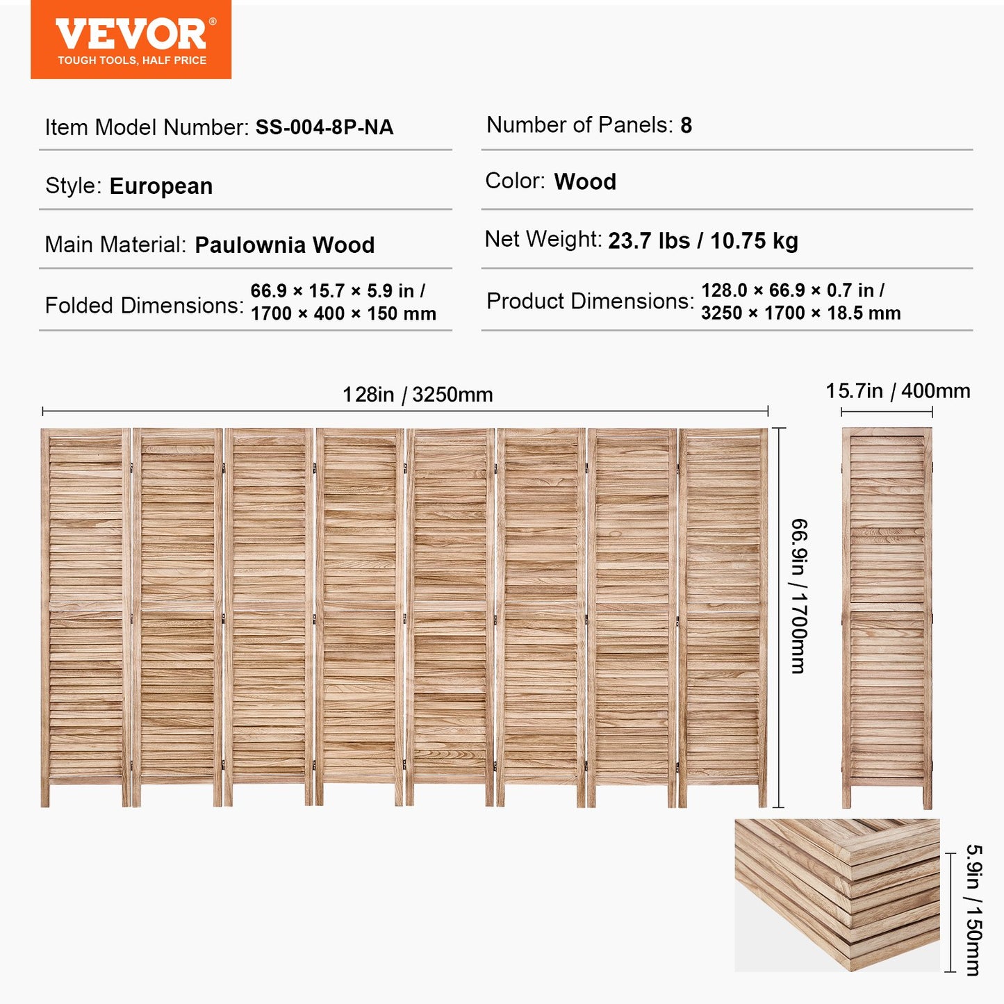 Wood Room Divider Wooden Screen 8 Panel for Room Separation Home Office