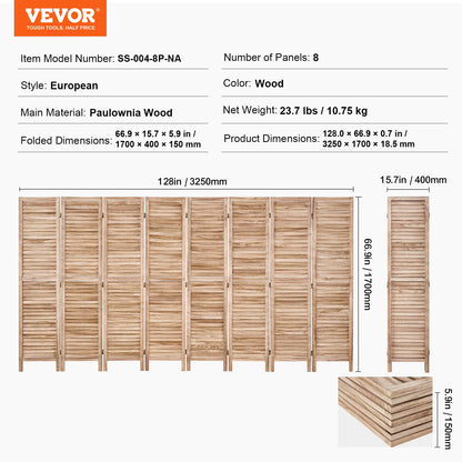 Wood Room Divider Wooden Screen 8 Panel for Room Separation Home Office