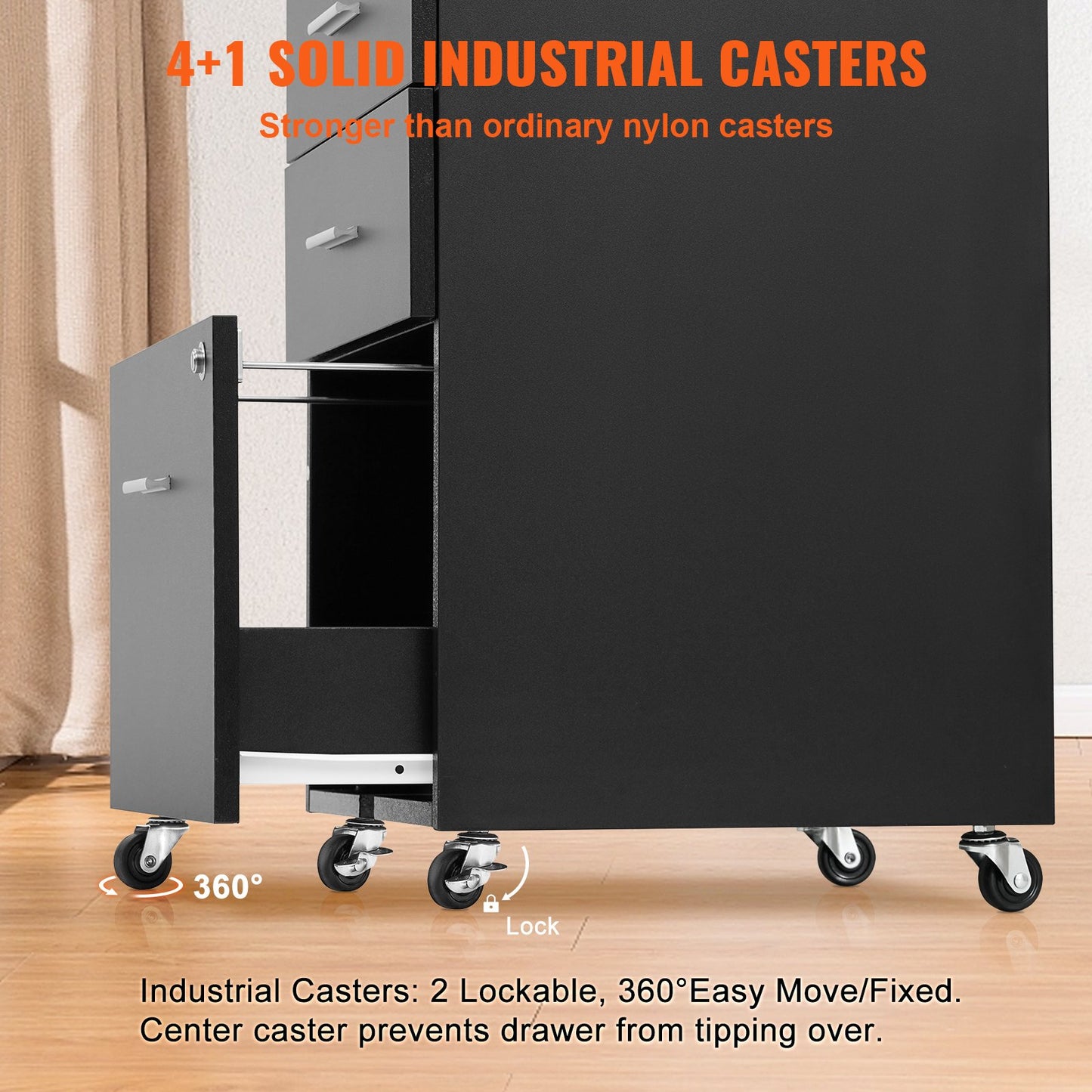 Filing Cabinet, 3-Drawer Wooden Filing Cabinet, Locking Office Cabinet for Letter/A4 Size, Filing Cabinet with 5 Wheels for Home Office, Black