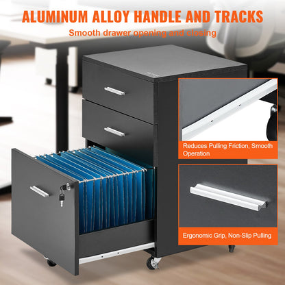 Filing Cabinet, 3-Drawer Wooden Filing Cabinet, Locking Office Cabinet for Letter/A4 Size, Filing Cabinet with 5 Wheels for Home Office, Black