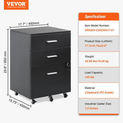 Filing Cabinet, 3-Drawer Wooden Filing Cabinet, Locking Office Cabinet for Letter/A4 Size, Filing Cabinet with 5 Wheels for Home Office, Black