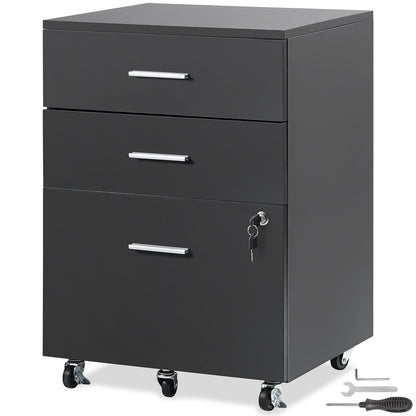 Filing Cabinet, 3-Drawer Wooden Filing Cabinet, Locking Office Cabinet for Letter/A4 Size, Filing Cabinet with 5 Wheels for Home Office, Black