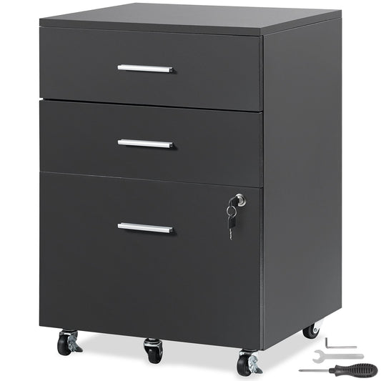 Filing Cabinet, 3-Drawer Wooden Filing Cabinet, Locking Office Cabinet for Letter/A4 Size, Filing Cabinet with 5 Wheels for Home Office, Black