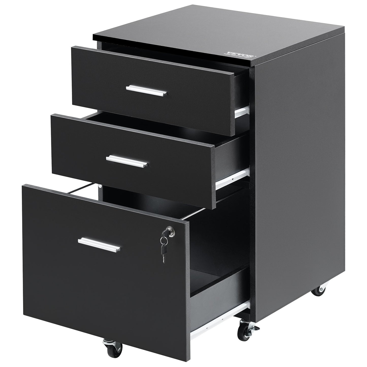Filing Cabinet, 3-Drawer Wooden Filing Cabinet, Locking Office Cabinet for Letter/A4 Size, Filing Cabinet with 5 Wheels for Home Office, Black