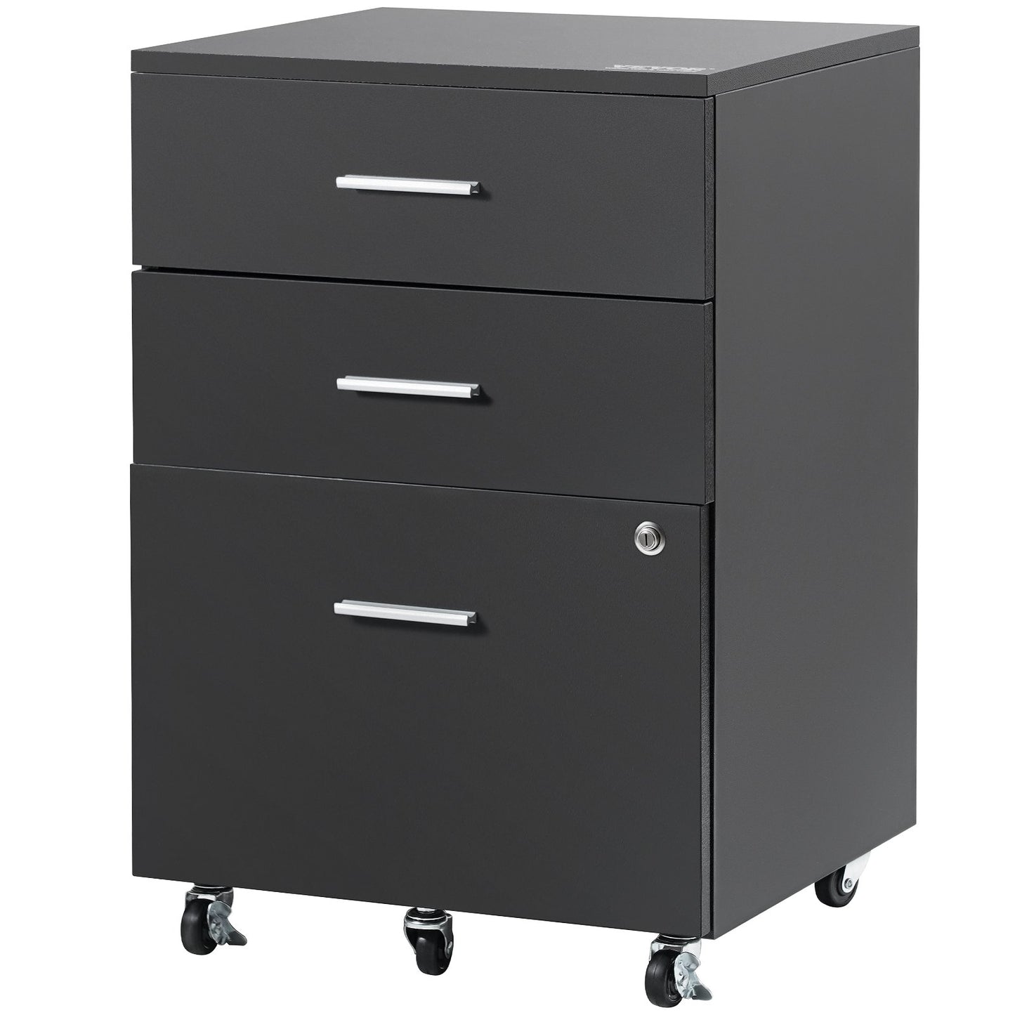 Filing Cabinet, 3-Drawer Wooden Filing Cabinet, Locking Office Cabinet for Letter/A4 Size, Filing Cabinet with 5 Wheels for Home Office, Black