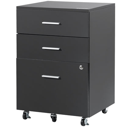 Filing Cabinet, 3-Drawer Wooden Filing Cabinet, Locking Office Cabinet for Letter/A4 Size, Filing Cabinet with 5 Wheels for Home Office, Black