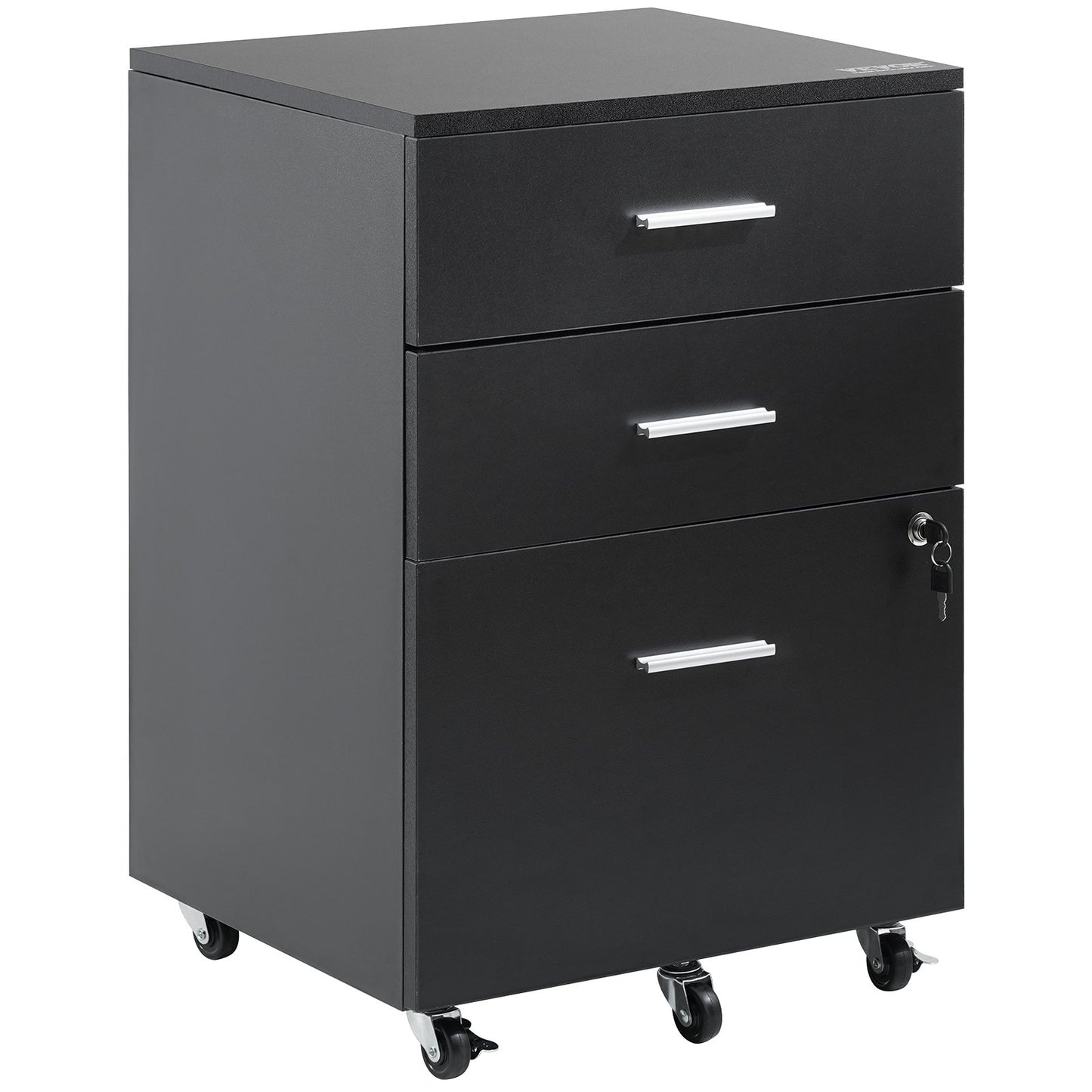 Filing Cabinet, 3-Drawer Wooden Filing Cabinet, Locking Office Cabinet for Letter/A4 Size, Filing Cabinet with 5 Wheels for Home Office, Black