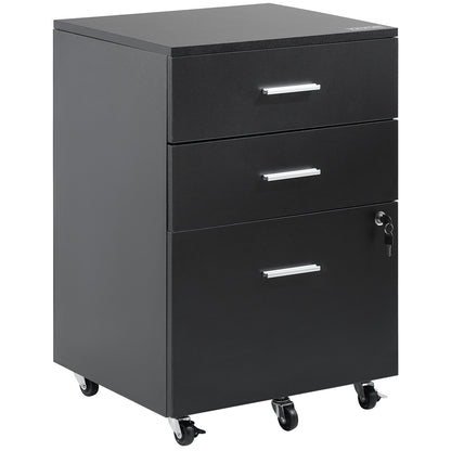 Filing Cabinet, 3-Drawer Wooden Filing Cabinet, Locking Office Cabinet for Letter/A4 Size, Filing Cabinet with 5 Wheels for Home Office, Black