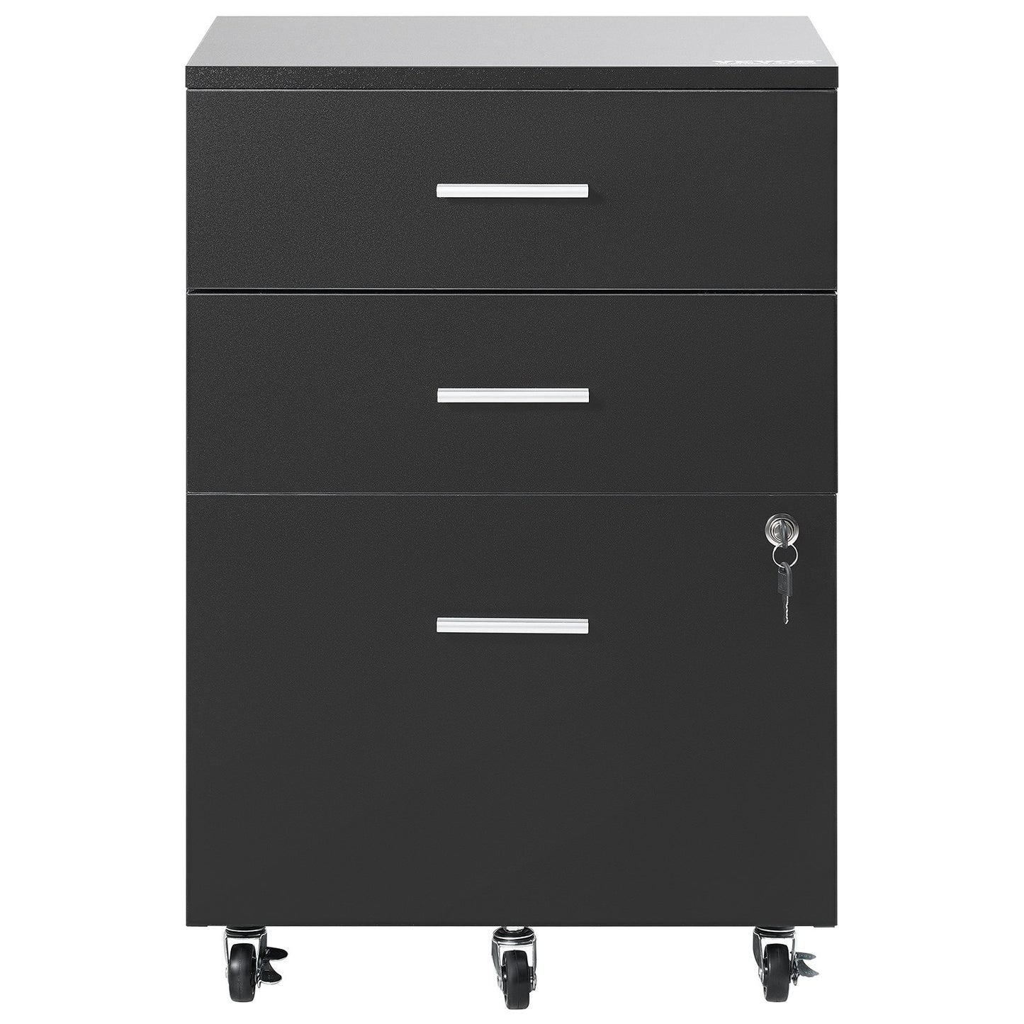 Filing Cabinet, 3-Drawer Wooden Filing Cabinet, Locking Office Cabinet for Letter/A4 Size, Filing Cabinet with 5 Wheels for Home Office, Black