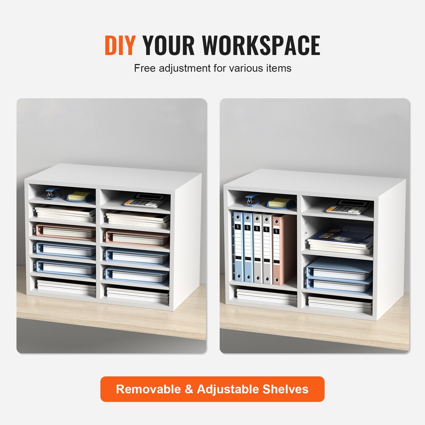 Literature Organizers, 12 Compartment Office Mailbox with Adjustable Shelves, Wooden Literature Sorter 20.4x12x16.1 Inch for Office, Home, Classroom, Mailroom Organization, EPA Certified White