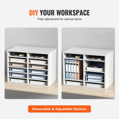 Literature Organizers, 12 Compartment Office Mailbox with Adjustable Shelves, Wooden Literature Sorter 20.4x12x16.1 Inch for Office, Home, Classroom, Mailroom Organization, EPA Certified White