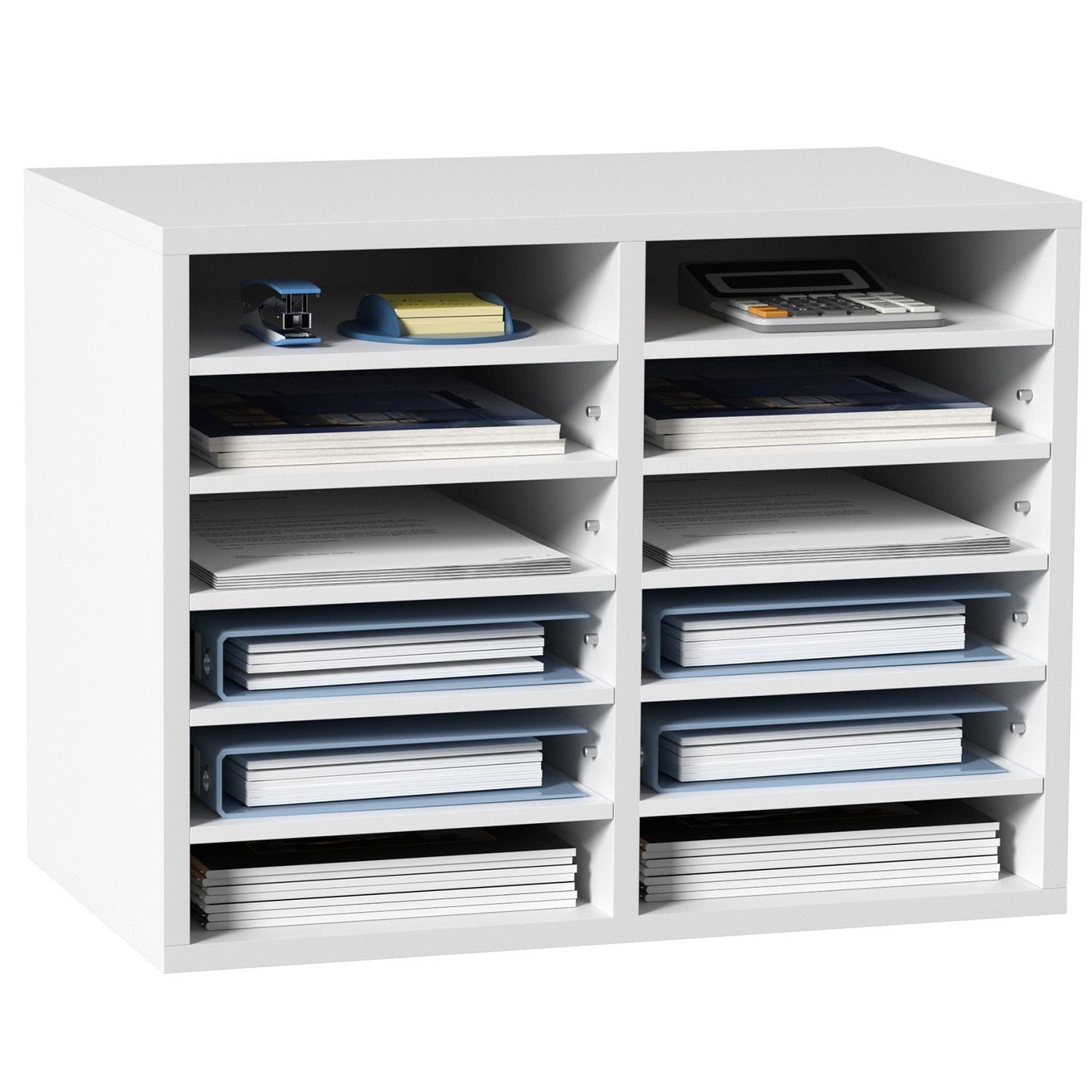 Literature Organizers, 12 Compartment Office Mailbox with Adjustable Shelves, Wooden Literature Sorter 20.4x12x16.1 Inch for Office, Home, Classroom, Mailroom Organization, EPA Certified White