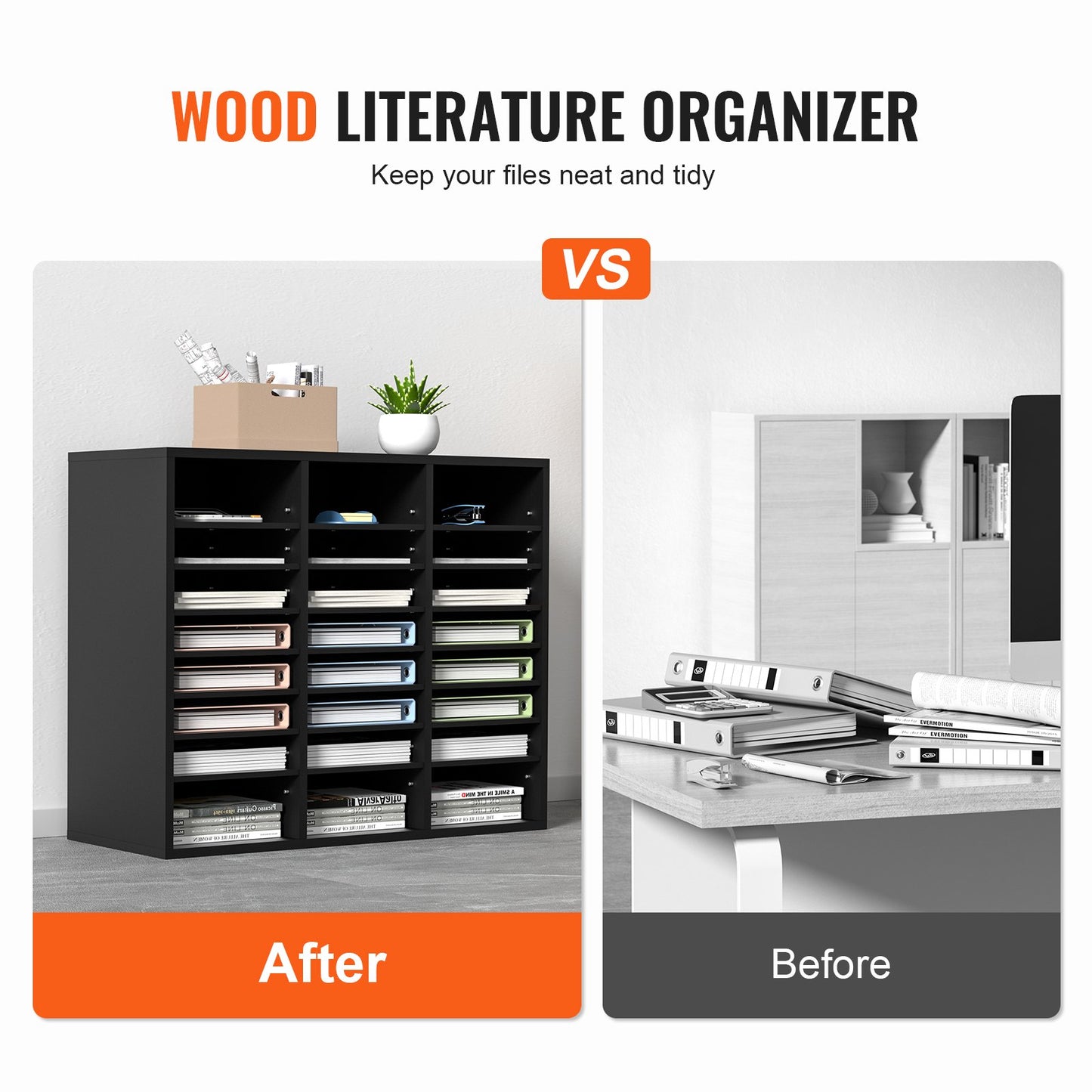 Wood Literature Organizer, 24 Compartments, File Sorter with Removable Shelves, Mailboxes for Office Home Classroom Mailroom Organization, EPA Certified, Black