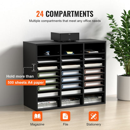 Wood Literature Organizer, 24 Compartments, File Sorter with Removable Shelves, Mailboxes for Office Home Classroom Mailroom Organization, EPA Certified, Black