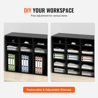 Wood Literature Organizer, 24 Compartments, File Sorter with Removable Shelves, Mailboxes for Office Home Classroom Mailroom Organization, EPA Certified, Black