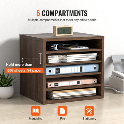 Literature Organizers, 5 Compartment Office Mailbox with Adjustable Shelves, Wooden Literature Sorter 13.9x12x13 Inch for Office, Home, Classroom, Mailroom Organization, EPA Certified, Brown