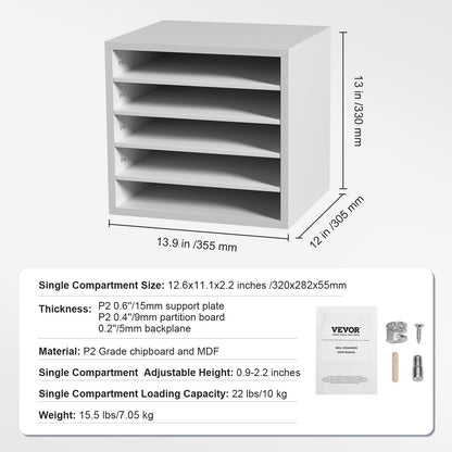 Literature Organizers, 5 Compartment Office Mailbox with Adjustable Shelves, Wooden Literature Sorter 13.9x12x13 Inch for Office, Home, Classroom, Mailroom Organization, EPA Certified, White