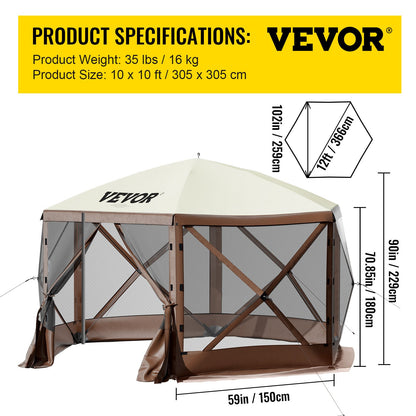 Gazebo Screen Tent, 10 x 10 ft, 6-Sided Pop-Up Camping Shelter Tent with Mesh Window, Portable Carry Bag, Ground Stakes, Large Shade Tents for Outdoor Camping, Lawn and Backyard