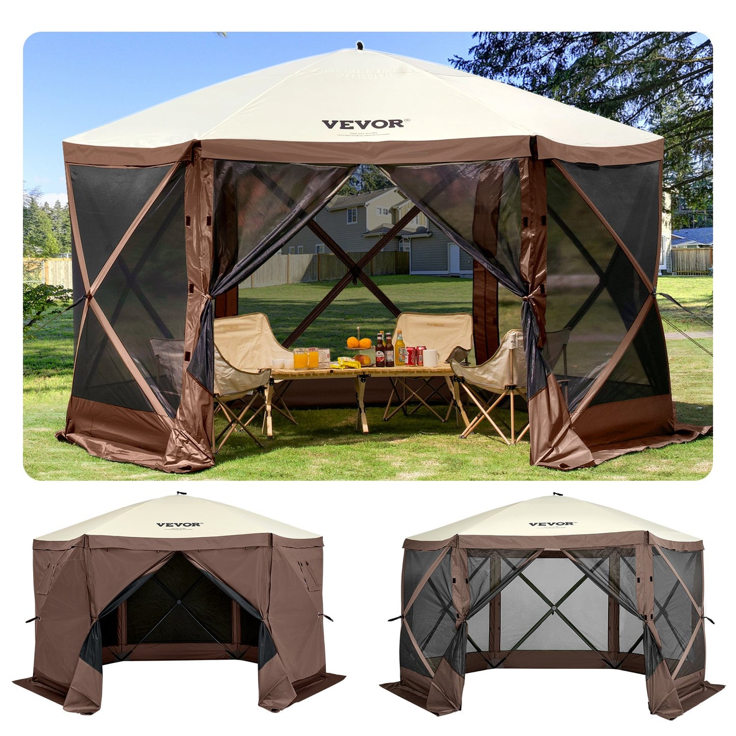 Gazebo Screen Tent, 10 x 10 ft, 6-Sided Pop-Up Camping Shelter Tent with Mesh Window, Portable Carry Bag, Ground Stakes, Large Shade Tents for Outdoor Camping, Lawn and Backyard