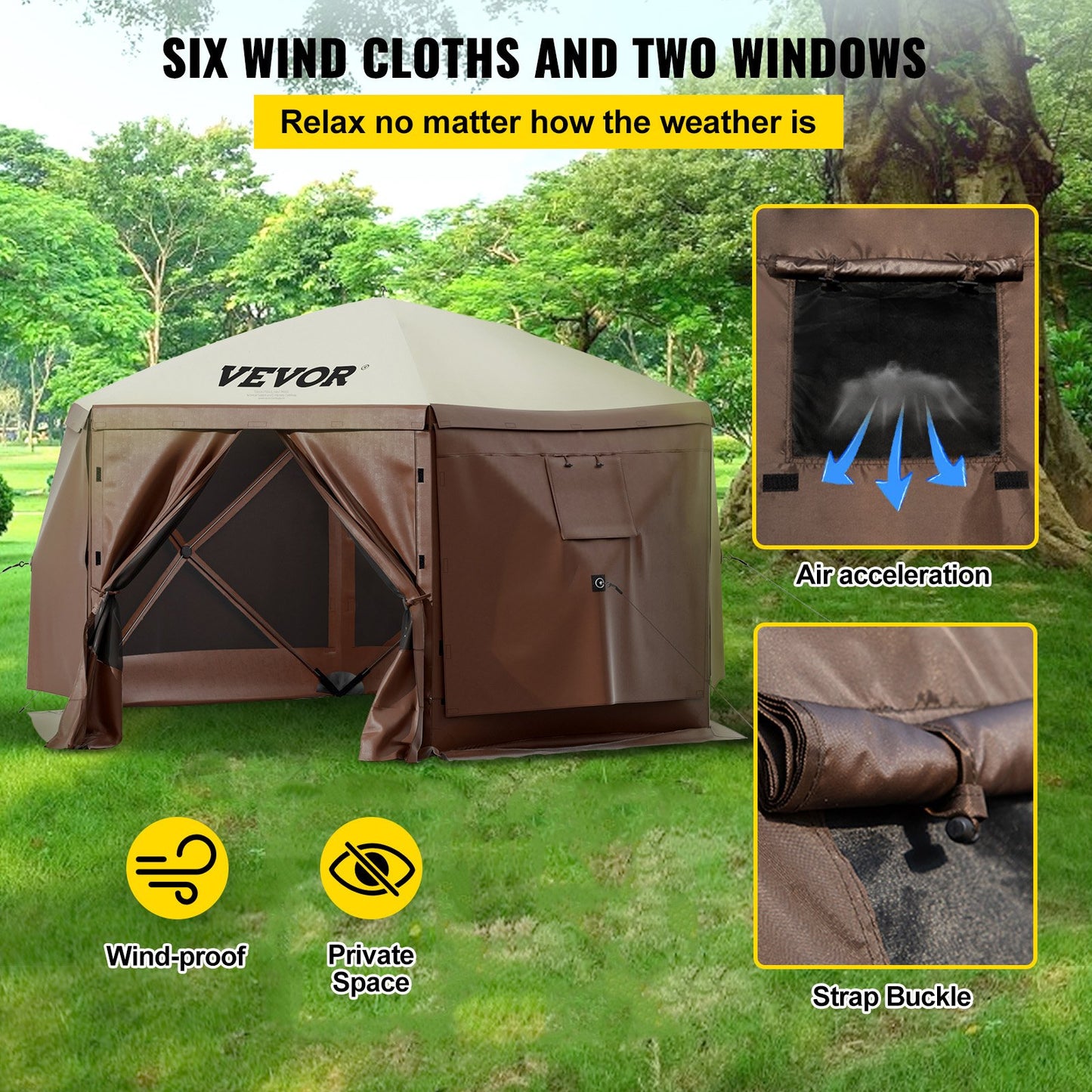 Pop-up Camping Gazebo Camping Canopy Shelter 6-sided 12' x 12' Sun Shade