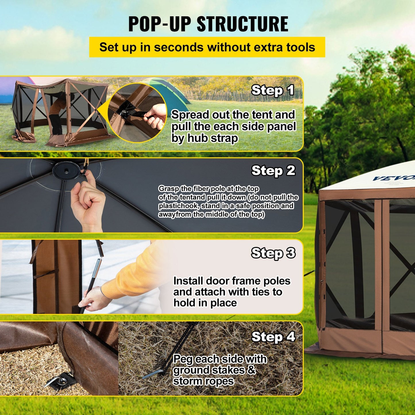 Pop-up Camping Gazebo Camping Canopy Shelter 6-sided 12' x 12' Sun Shade